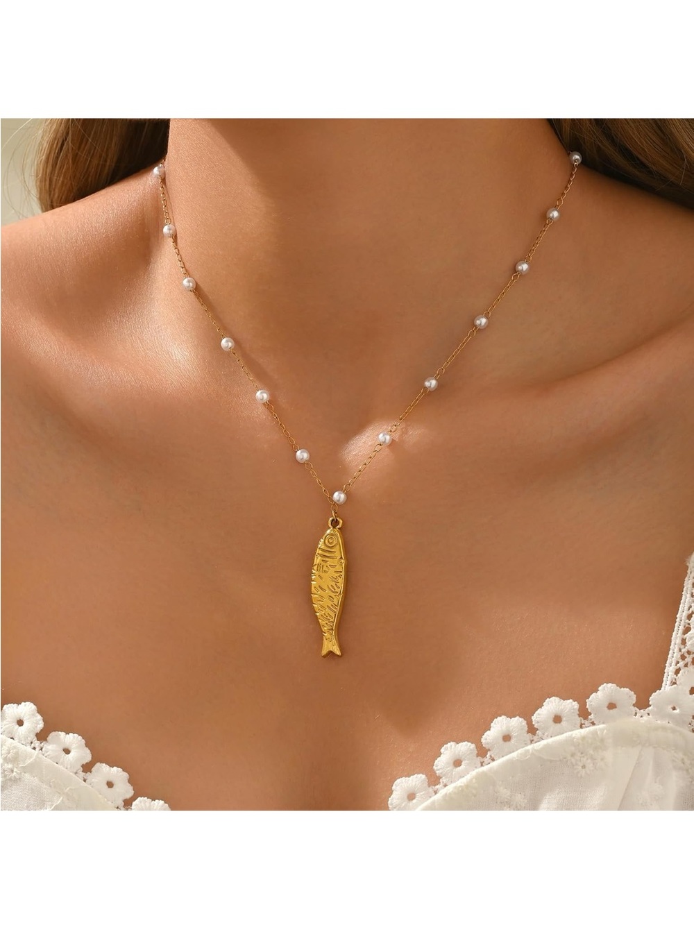 Gold Pearl Station Necklace with Fish Pendant - Women Jewelry